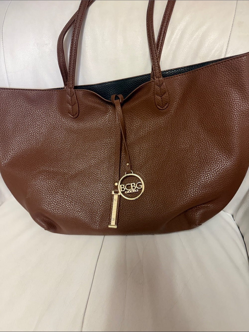 BCBG Paris Brown Pebbled Leather Tote with Gold Logo Charm